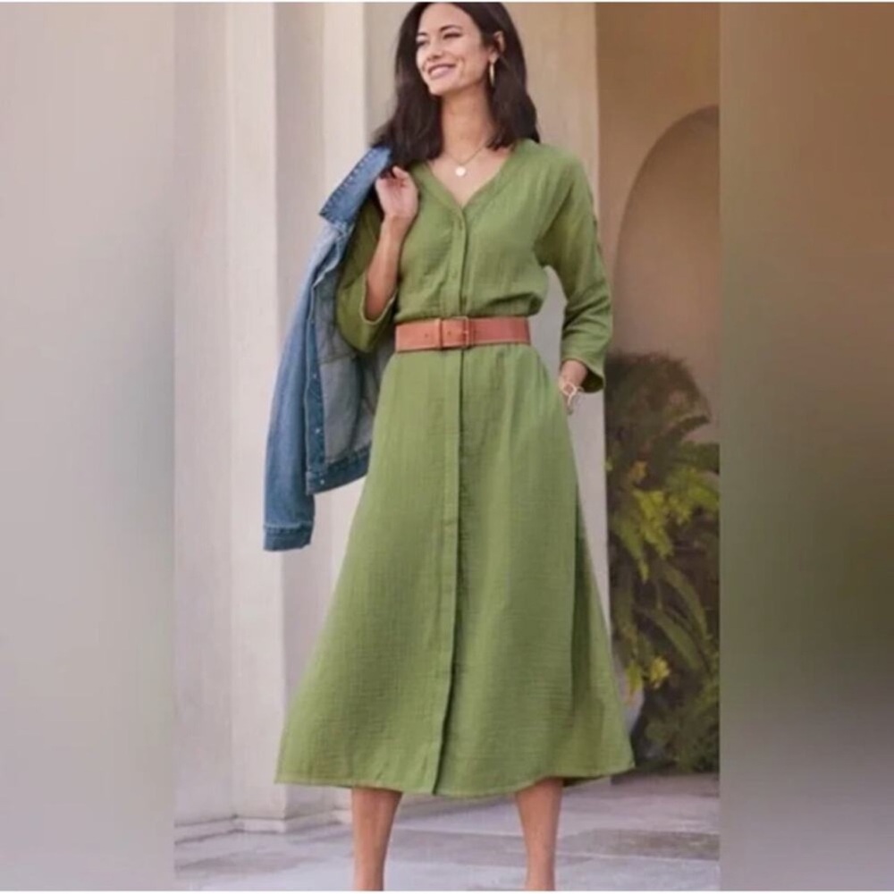 NWT SOFT SURROUNDINGS Drina Gauze Button Front Midi Dress Fern Green Sz Medium